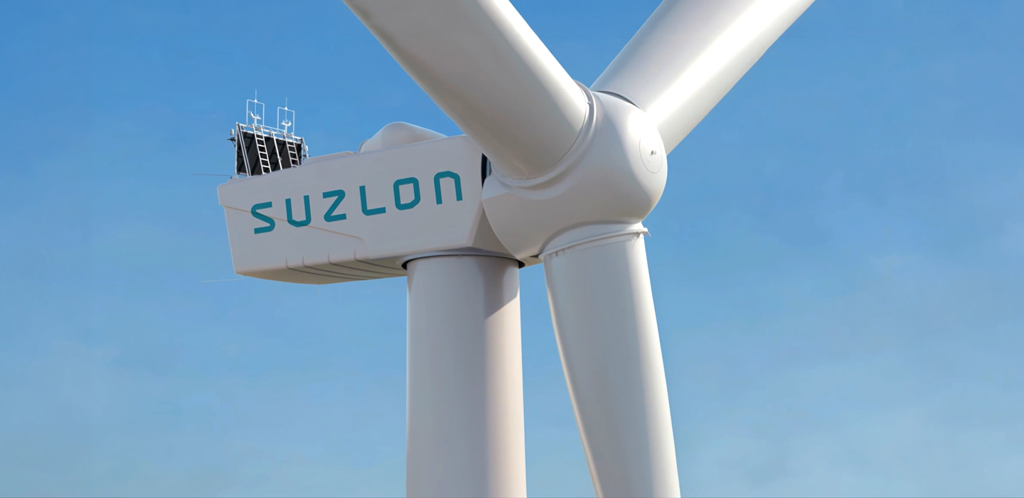 S175 wind turbine nacelle and blades against blue sky
